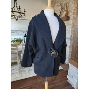 Vintage 80s Black 100% Wool Batwing Sleeve Coat Cape Beaded‎ Button Medium
